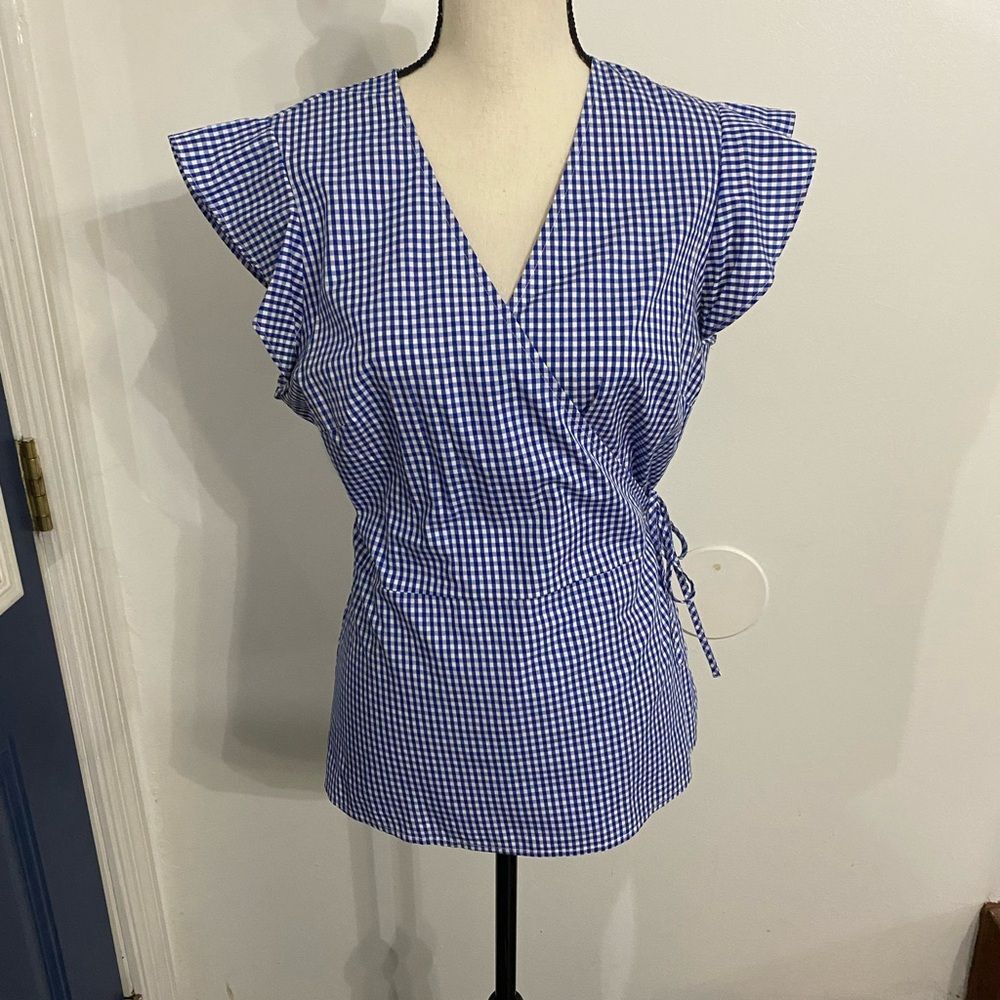 The limited wrap blue and white flutter sleeve check Blouse Size Large - Picture 6 of 7